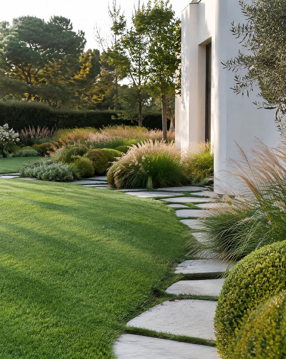 Lush modern garden with sculpted lawn and stone stepping path