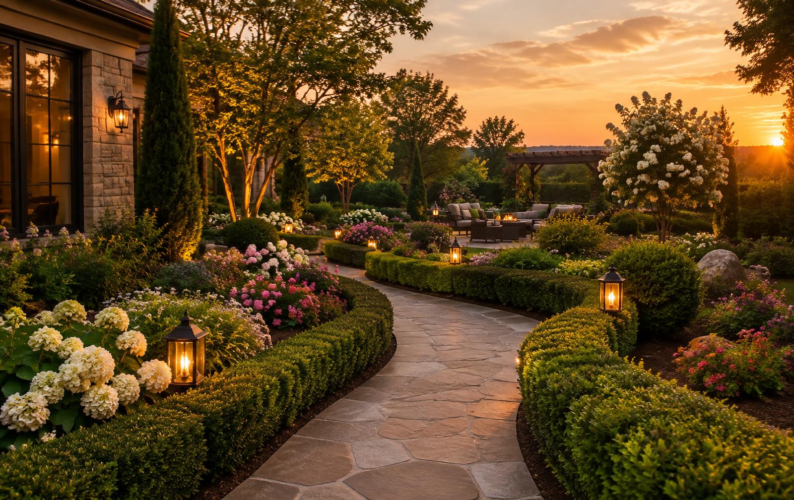 Stone garden path lit by lanterns at sunset